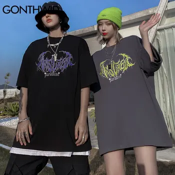 GONTHWID Tees Marškinėliai Gotikos Hip-Hop Streetwear Vyrų Atsitiktinis Kūrybos Žaibo Spausdinti trumpomis Rankovėmis Marškinėlius Medvilnės Harajuku Prarasti Viršūnės