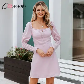 Conmoto Long Sleeve Pink Šalies Žiemos Suknelės Moterims, Elegantiška Vintage Suknelė Lankas Pledas Rudenį 2019 Ponios Nėriniai UpDresses Vestidos
