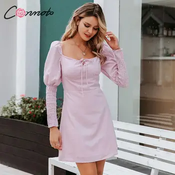Conmoto Long Sleeve Pink Šalies Žiemos Suknelės Moterims, Elegantiška Vintage Suknelė Lankas Pledas Rudenį 2019 Ponios Nėriniai UpDresses Vestidos