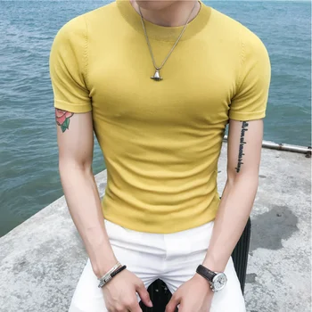 2019 Naujo stiliaus Mados Vyrų vasaros Aukštos kokybės mezgimo T-shirts/Vyrų gryna spalva slim fit apvalia kaklo trumpomis rankovėmis marškinėliai S-XXL