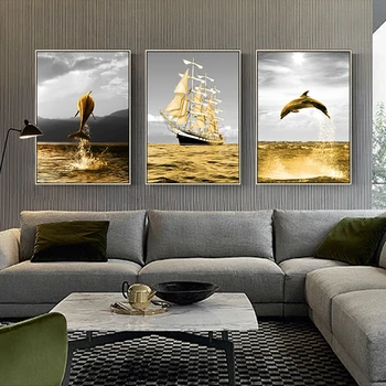 Golden Ocean Kraštovaizdžio Sienos Meno Tapybos Drobės Delfinų Plakatai ir Spausdina Namų Puošybai Sienos Nuotraukas Gyvenimo Kambario Dekoro