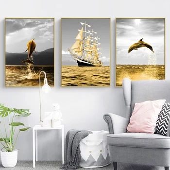 Golden Ocean Kraštovaizdžio Sienos Meno Tapybos Drobės Delfinų Plakatai ir Spausdina Namų Puošybai Sienos Nuotraukas Gyvenimo Kambario Dekoro