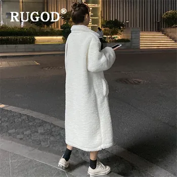 RUGOD Storas šiltas ėriukų vilnos paltai moterims mados sinble krūtinėmis ilgomis rankovėmis baltas švarkas ilgais žiemos paltai casaso Mujer