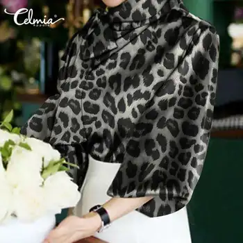 Celmia Moterų Stilingas Viršūnes Žibintų Rankovėmis Palaidinė Elegantiškas OLIS peteliškę Ponios Marškinėliai Derliaus Leopardas Spausdinti Atsitiktinis ilgomis Rankovėmis Blusas