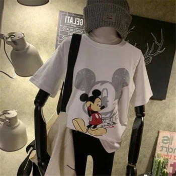Mickey Mouse Moterų marškinėliai Disney Animacinių filmų trumpomis Rankovėmis Drabužius Vasarą Laisvi Moterų Harajuku Streetwear Atsitiktinis Mados Viršų Tee