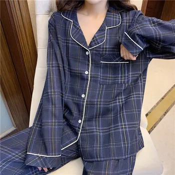 Rudenį laisvalaikio namuose nustatyti moterų pižama nustatyti kišenėje pledas sleepwear 2 dalių komplektas atvartas apykaklės marškinėliai kelnės ištaigingas dėvėti homewear Y141