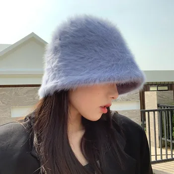 Žiemos Moterų Mados Korėja Stiliaus vientisos Spalvos Triušio Kailio Kepurę Kibirą Bžūp Žvejo Skrybėlę Retro Megzti Vilnos