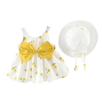 Kūdikiui baby girl drabužiai vasaros suknelė 2019 skraiste filė Bamblys Baby Vaikų Mergaičių Rankovių Cherry Princess Suknelės Lankas Skrybėlę Komplektai