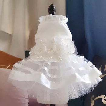 Prabangus Perlų Gėlių Dizainas Šuo Suknelė Baltos Vestuvinės Suknelės Mažų Šunų Princesė Nuotaka Pet Sijonas Kostiumų Jorkšyro 10E