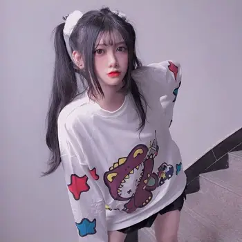 QWEEK Kawaii Marškinėlius Moterims korėjos Stiliaus Mados 2020 Anime Spausdinti Marškinėliai Moterims ilgomis Rankovėmis Prarasti Mielas Viršūnės Baltos Grafikos Tees