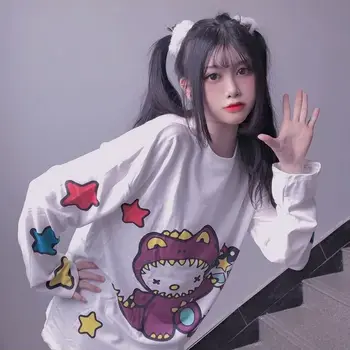 QWEEK Kawaii Marškinėlius Moterims korėjos Stiliaus Mados 2020 Anime Spausdinti Marškinėliai Moterims ilgomis Rankovėmis Prarasti Mielas Viršūnės Baltos Grafikos Tees
