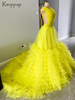 Ilgas Vakarines Sukneles 2020 Kamuolys Suknelė, Uždusęs Raukiniai Dubajus Arabų Stiliaus Geltonos Spalvos Tiulio Moterų Oficialią Vakaro Suknelės Su Ilgomis Traukinys