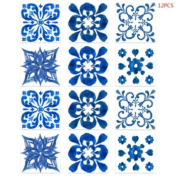 12pcs Mėlynos ir Baltos spalvos Porceliano Lipni PVC Keraminių Plytelių Lipdukas Vandeniui