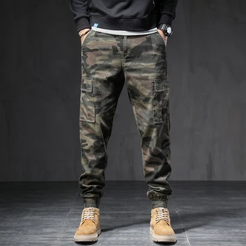 Naujai Karinė Maskuotė Mados Vyrų Džinsai Palaidi Tinka Didelis Kišenėje Atsitiktinis Krovinių Kelnės Streetwear Hip-Hop Poilsiu Pločio Kojų Kelnės
