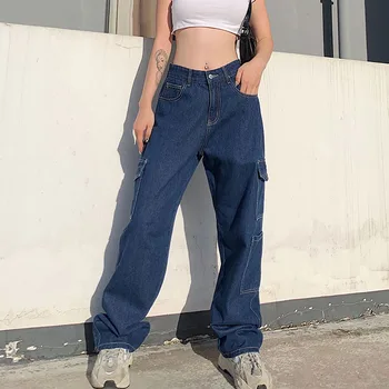 Mados Kišenėje Balti moteriški Džinsai Streetwear Didelis Juosmens Džinsai Vintage Tiesiai Harajuku 2020 Džinsinio audinio Kelnės Cargo Kelnės