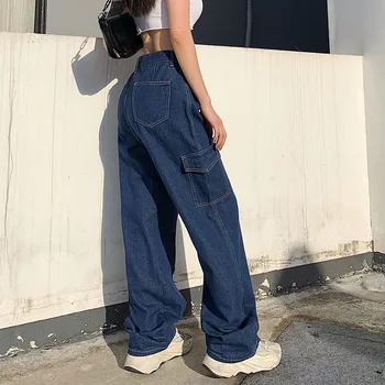 Mados Kišenėje Balti moteriški Džinsai Streetwear Didelis Juosmens Džinsai Vintage Tiesiai Harajuku 2020 Džinsinio audinio Kelnės Cargo Kelnės