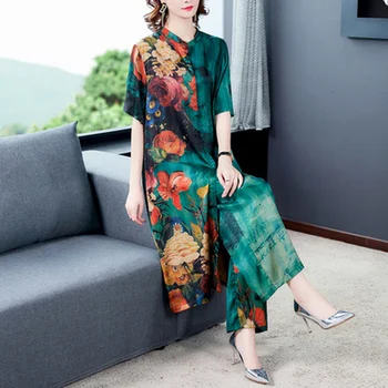 2 Vnt Vasarą Moteris Šilko Imitacijos Pločio Kojų Kelnės Suknelė Rinkiniai Gatvės Stiliaus Atsitiktinis Spausdinti Tiesiai Drabužiai Moterims Dresse