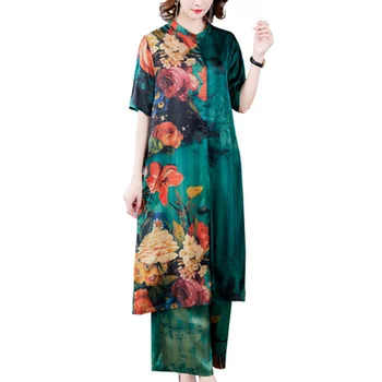 2 Vnt Vasarą Moteris Šilko Imitacijos Pločio Kojų Kelnės Suknelė Rinkiniai Gatvės Stiliaus Atsitiktinis Spausdinti Tiesiai Drabužiai Moterims Dresse