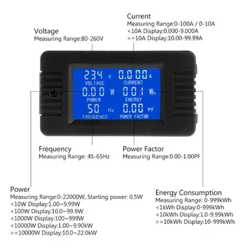 6in1 Digital AC 80~260V Elektros Energijos Monitorius Įtampa Srovės KWh Vatmetrą 100A 10A