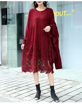 2020 m. Rudenį siuvinėjimo nėrinių suknelė nėrimo Moterų tuščiaviduriai iš megztinių elegantiškas, Vidutinio Ilgio suknelė plius dydis gražus longos vestidos
