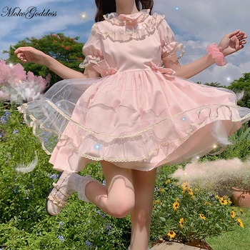 Japonijos Lolita mados Akių Susiėmę Apykaklės Lankas Aukšto Juosmens Plečiama Trumpas Rankovėmis lolita Dress Moterų Vasaros fairy dress