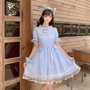Japonijos Lolita mados Akių Susiėmę Apykaklės Lankas Aukšto Juosmens Plečiama Trumpas Rankovėmis lolita Dress Moterų Vasaros fairy dress