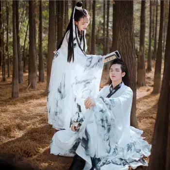 Porų Hanfu Kinų Tradicija, Suknelė Fantasia Suaugusiųjų Cosplay Kostiumas Šalis Apranga Balta Hanfu Vyrų Ir Moterų Plius Dydis