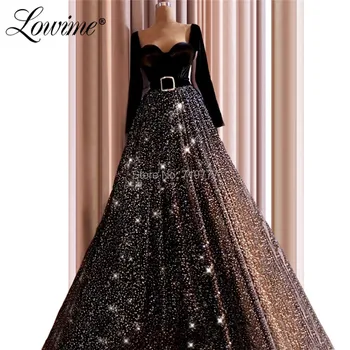 Vintage Black Musulmonų Vakaro Suknelės Abendkleider Blizga Blizgučiai Arabų Šalis Suknelė Su Ilgomis Rankovėmis 2019 Užsakymą Prom Dress