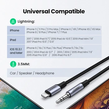 UGREEN Pfi Lightning 3.5 mm Aux Kabelis iPhone, 11 Pro Max 8 7 X 3.5 mm Jack Male Cable Car Converter Ausinių Garso Adapteris