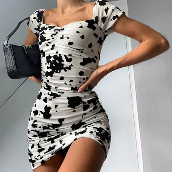 Moterų Mados Karvė Modelis Printed Dress Vasaros Seksualus Aikštėje Apykaklės Plisuotos Backless Liesas Trumpos Suknelės, Šaliai, Clubwear Bodycon