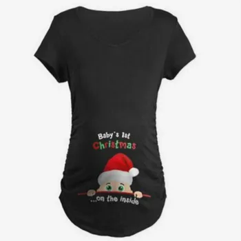 Vasaros Nėščia Moteris Kalėdų Motinystės Trumpomis Rankovėmis T Shirts Kalėdų Side Ruched Juokinga Viršuje Tee Atsitiktinis Nėštumas Iš Drabužių