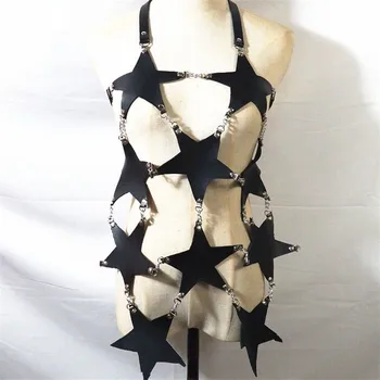 Rankų Darbo Odos Suknelė Seksualus Backless Tuščiaviduriai Iš Suknelės Goth Metalo Nuorodą Grandinės Pentagram Žvaigždės Formos Mini Suknelė Lady Šalies Vestido