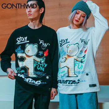 GONTHWID Harajuku Grafiti Lokys Spausdinti ilgomis Rankovėmis Tshirts Streetwear 2020 Metų Hip-Hop Medvilnės Atsitiktinis Palaidų Tees Marškinėliai Mens Viršūnės
