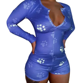 2020 Seksualus Moteriški Sleepwear Jumpsuit Bodysuit V-kaklo Bodycon Šortai Romper Bodysuit Leotard ilgomis Rankovėmis Atspausdintas Mygtuką Bodysuit