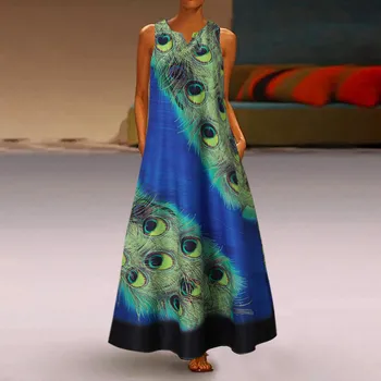 2020 metų Vasaros Moterų Plius Dydis Rankovių Povas Print Long Maxi Suknelė Boho Vasaros Paplūdimio Suknelė moteris