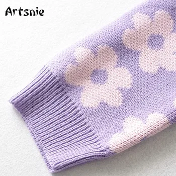 Artsnie saldus violetinė gėlių susagstomi megztiniai moterų žiemos v-kaklo, ilgomis rankovėmis traukti femme hiver derliaus pasėlių susagstomi megztiniai megztiniai megztinis
