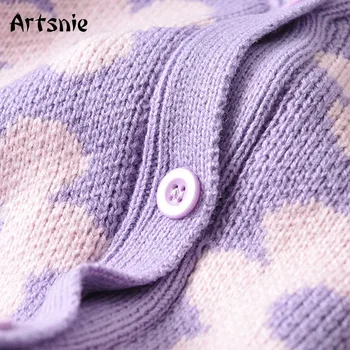 Artsnie saldus violetinė gėlių susagstomi megztiniai moterų žiemos v-kaklo, ilgomis rankovėmis traukti femme hiver derliaus pasėlių susagstomi megztiniai megztiniai megztinis