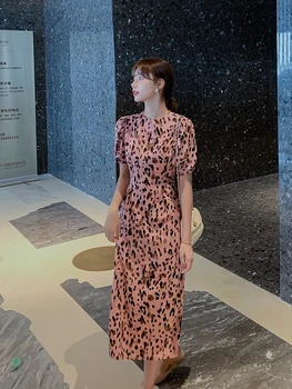 Moteris Ilgai Rožinės Spalvos Šifono Leopard Suknelė Vasaros 2020 Kilimo Ir Tūpimo Tako Slim Korėjos Vakarėlis Suknelė Atsitiktinis Atostogų Elegantiškas Suknelės Moteris