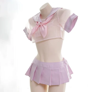 Sexy Anime Mergina Rožinės spalvos Šifono JK Vienodas Japonijos Moterų Skaidrus Sailor Kostiumas, Cosplay Viršūnes + Miniskirt Nustatyti Nightdress
