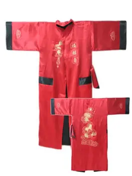 Raudona Grįžtamasis Du akį Kinijos Vyrų Šilko, Satino Chalatas Kimono Siuvinėjimo Vonia Suknelė Dragon S0004