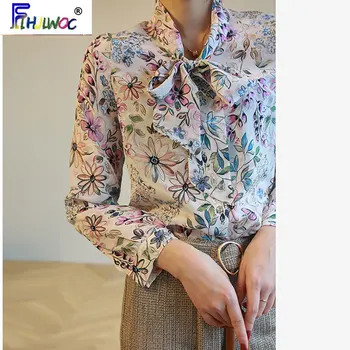 2020 Šifono Palaidinės, Marškinėliai Moterims Mados Ilgomis Rankovėmis Europos Dizaino Elegantiškas Office Lady Pagrindinį Mygtuką, Marškinėliai, Peteliškė Viršūnes 3028
