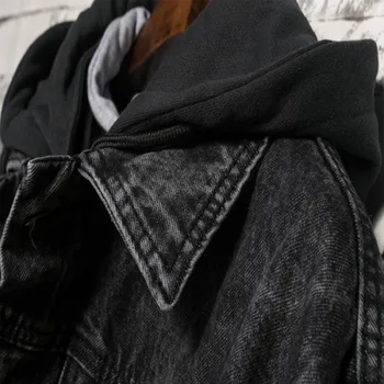2019 Vyrų Rudens-Žiemos Retro Snaigės plauti juoda su Gobtuvu Jean Striukė Streetwear motociklo, Atsitiktinis Džinsai Striukės, Paltai viršutinių drabužių siuvimas