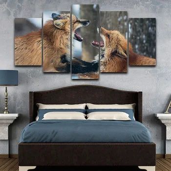 Šiuolaikinės Drobė Kambarį Nuotraukas Tapybos 5 Skydelis Wild Fox Gyvūnų Sistemą, HD Atspausdintas Sienos Meno Modulinės Plakatas Namų Dekoro