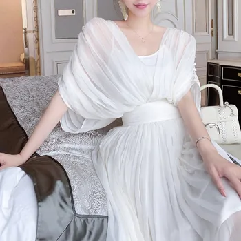 Temperamentas vaiskiai balta sunkiosios pramonės plisuotos juosmens šilko suknelė Poliesterio Tinklelio Office Lady Kietojo Dangalo