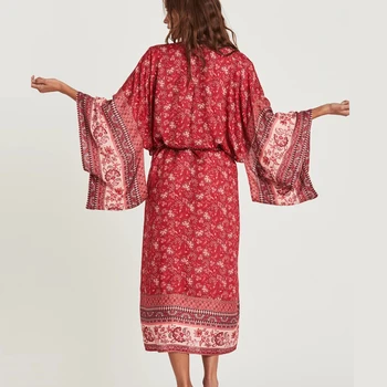TEELYNN Kimono rankovėmis Megztinis moterims, chalatas, raudonos spalvos gėlių spausdinti Boho palaidinės ir marškinėliai turi varčias paplūdimio drabužiai vasaros palaidinė Blusa