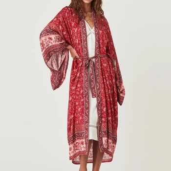 TEELYNN Kimono rankovėmis Megztinis moterims, chalatas, raudonos spalvos gėlių spausdinti Boho palaidinės ir marškinėliai turi varčias paplūdimio drabužiai vasaros palaidinė Blusa