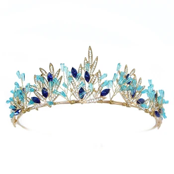 Aukščiausios Kokybės Moterų, Crown Blue Crystal Granulių Tiara Aukso Karūną Rožančiai Plaukų aksesuarų, žavesio Princesė diadem vestuvių fotografija
