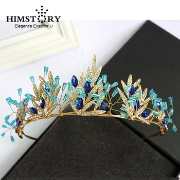 Aukščiausios Kokybės Moterų, Crown Blue Crystal Granulių Tiara Aukso Karūną Rožančiai Plaukų aksesuarų, žavesio Princesė diadem vestuvių fotografija