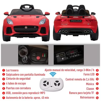 HOMCOM elektrinių automobilių kūdikio automobilio žaislas Jaguar vaikui 3-8 metų su nuotolinio valdymo pultu su muzikos ir šviesos 110x65x48cm raudona