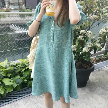 Korėjos Moterys Žalia Vasarą Trumpi Marškinėliai Suknelė Vieną Krūtinėmis Žibintų Rankovėmis Tiesiai Vestidos Atsitiktinis Skraiste Femme Sukienki Jurken